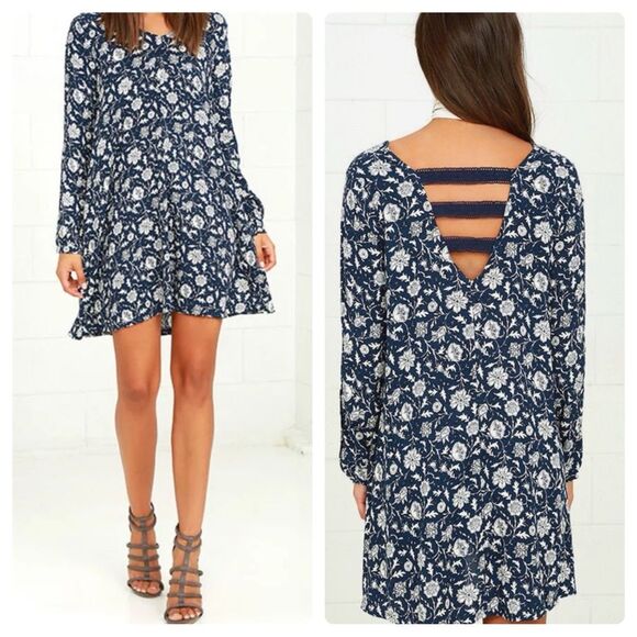 Others Follow Alura Navy Blue Floral Print Swing Dress Size Medium - Picture 1 of 6